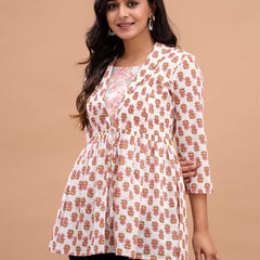 Floral Printed Shirt Collar Pure Cotton Pleated Kurti