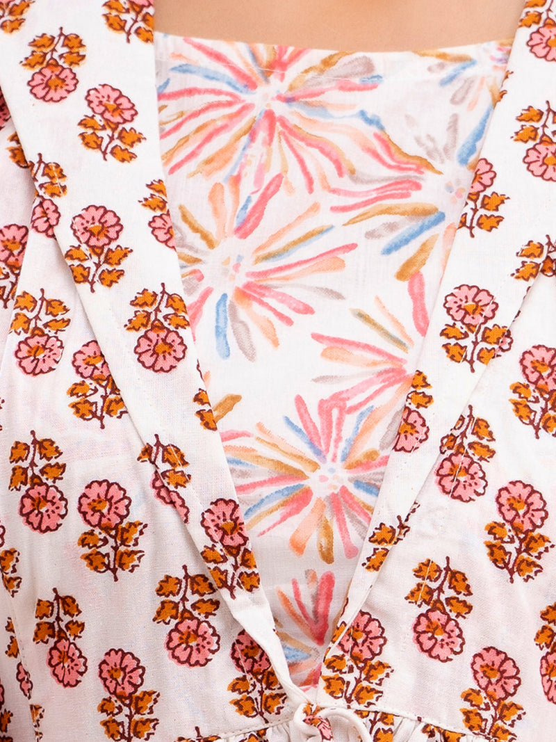 Floral Printed Shirt Collar Pure Cotton Pleated Kurti