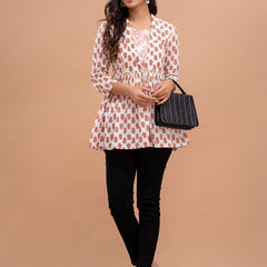 Floral Printed Shirt Collar Pure Cotton Pleated Kurti