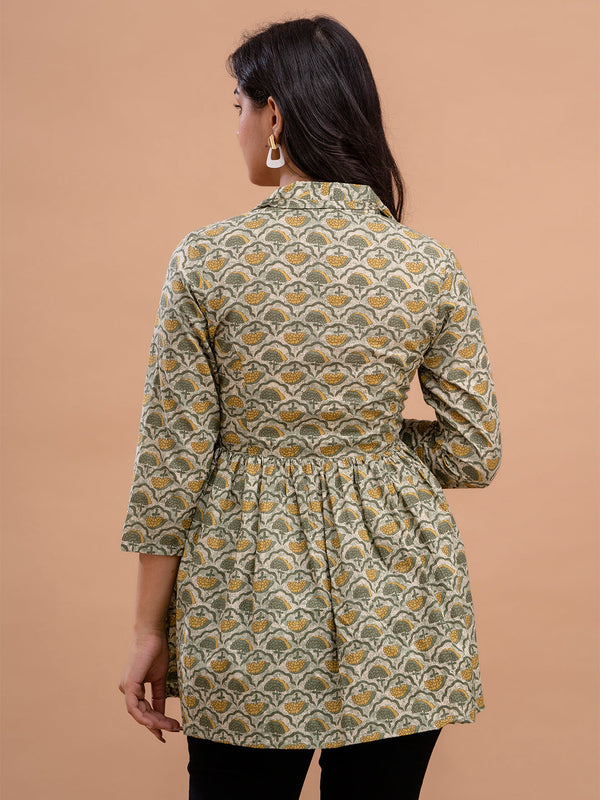 Floral Printed Shirt Collar Pure Cotton Pleated Kurti