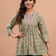 Floral Printed Shirt Collar Pure Cotton Pleated Kurti
