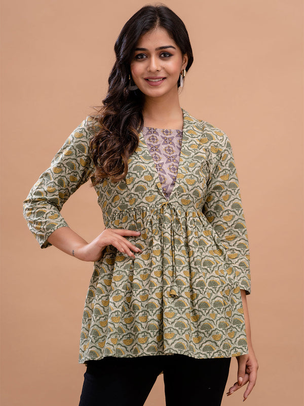 Floral Printed Shirt Collar Pure Cotton Pleated Kurti