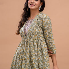 Floral Printed Shirt Collar Pure Cotton Pleated Kurti