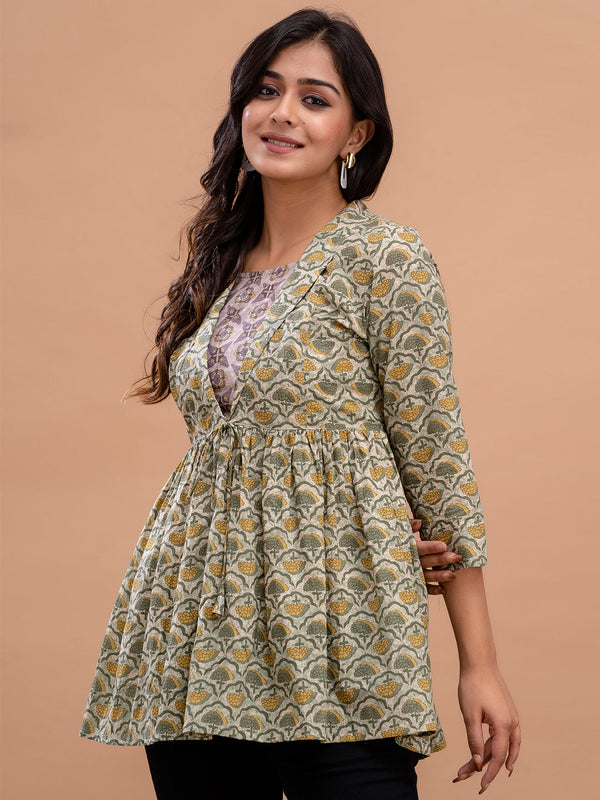 Floral Printed Shirt Collar Pure Cotton Pleated Kurti