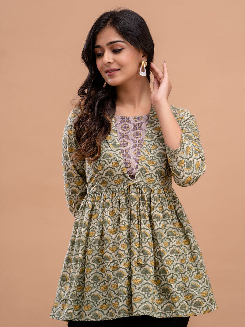 Floral Printed Shirt Collar Pure Cotton Pleated Kurti