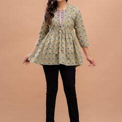 Floral Printed Shirt Collar Pure Cotton Pleated Kurti