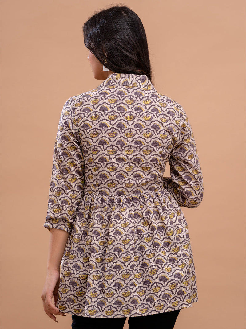 Floral Printed Shirt Collar Pure Cotton Pleated Kurti