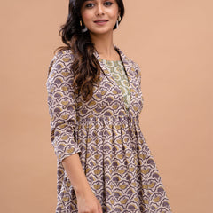 Floral Printed Shirt Collar Pure Cotton Pleated Kurti
