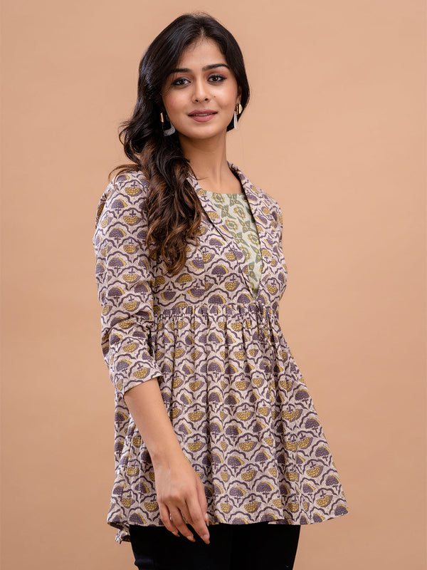 Floral Printed Shirt Collar Pure Cotton Pleated Kurti