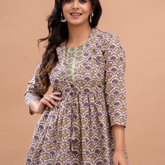 Floral Printed Shirt Collar Pure Cotton Pleated Kurti