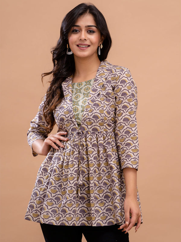 Floral Printed Shirt Collar Pure Cotton Pleated Kurti