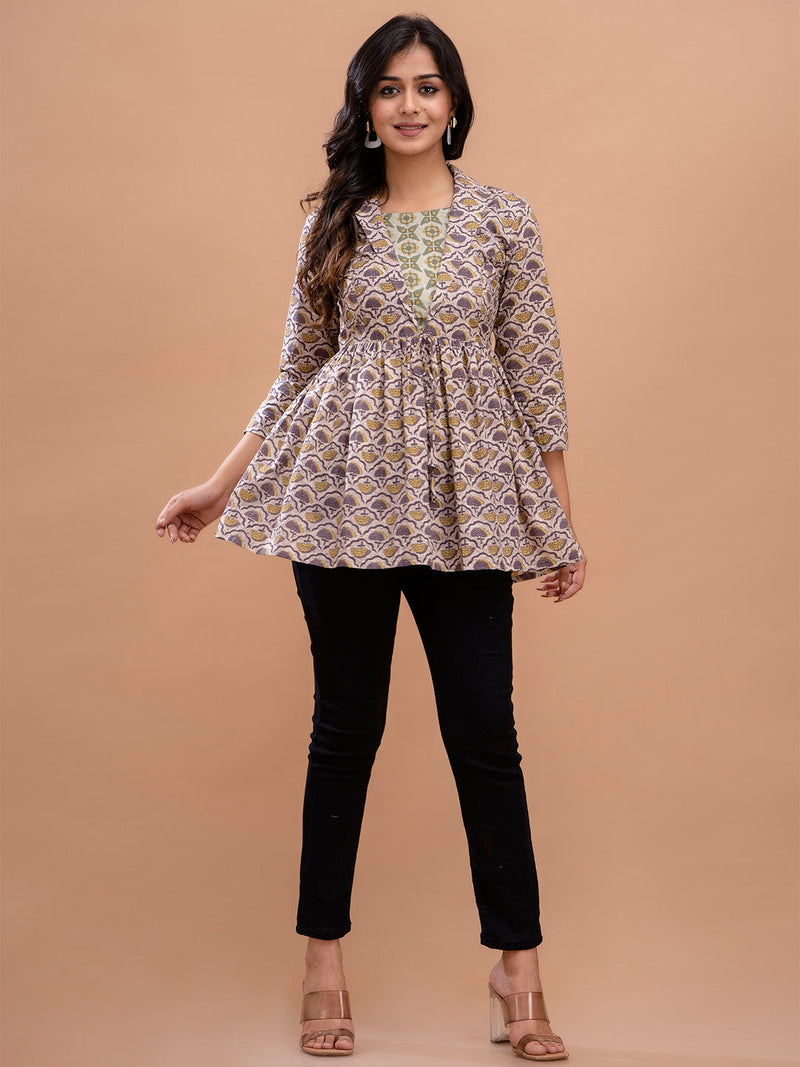 Floral Printed Shirt Collar Pure Cotton Pleated Kurti