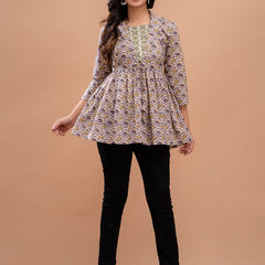 Floral Printed Shirt Collar Pure Cotton Pleated Kurti