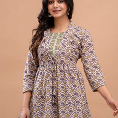 Floral Printed Shirt Collar Pure Cotton Pleated Kurti