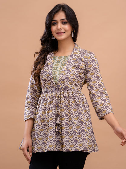 Floral Printed Shirt Collar Pure Cotton Pleated Kurti FRKT6215