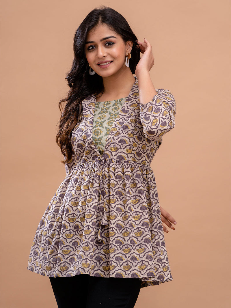 Floral Printed Shirt Collar Pure Cotton Pleated Kurti
