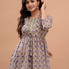 Floral Printed Shirt Collar Pure Cotton Pleated Kurti