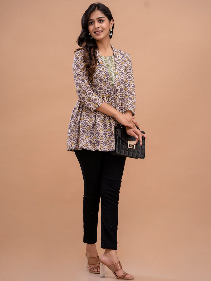 Floral Printed Shirt Collar Pure Cotton Pleated Kurti