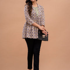 Floral Printed Shirt Collar Pure Cotton Pleated Kurti