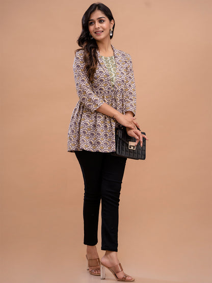 Floral Printed Shirt Collar Pure Cotton Pleated Kurti FRKT6215