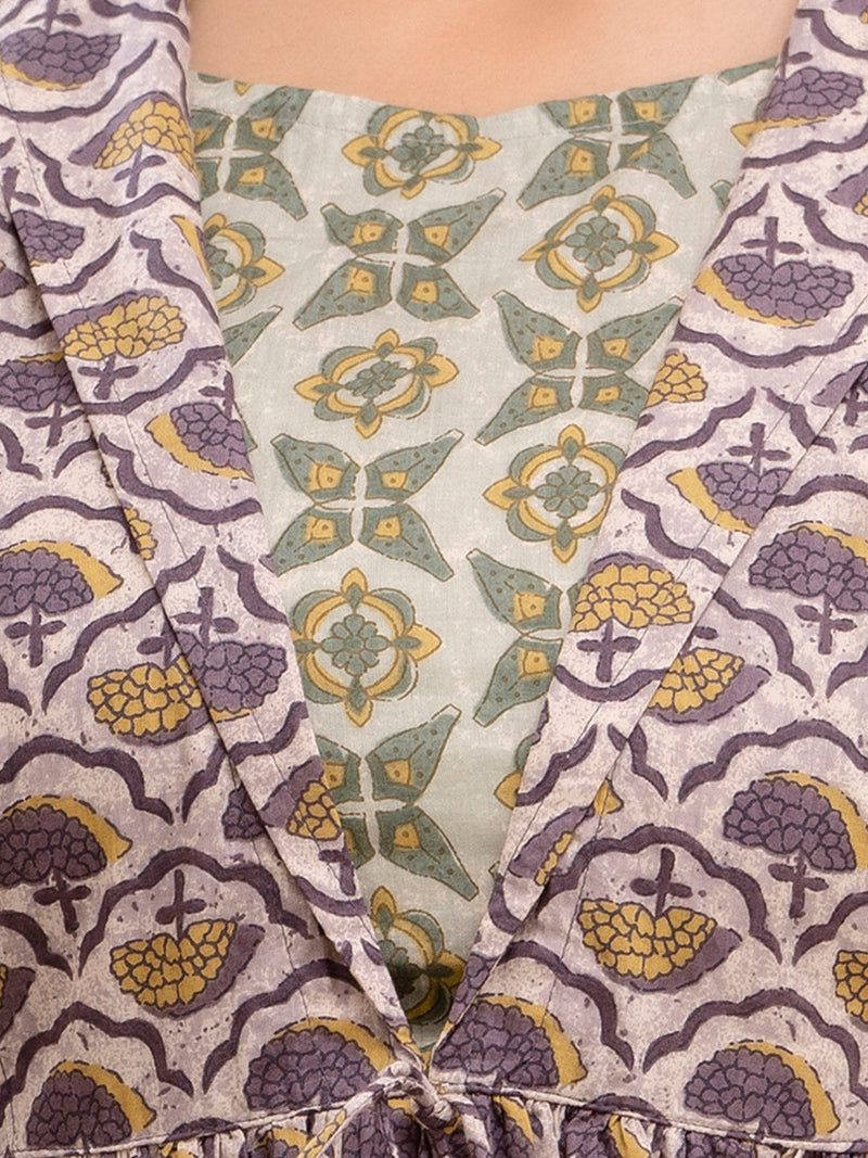 Floral Printed Shirt Collar Pure Cotton Pleated Kurti