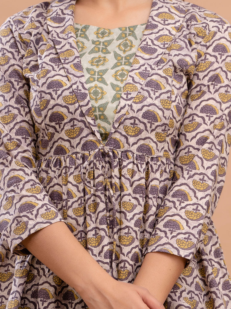 Floral Printed Shirt Collar Pure Cotton Pleated Kurti