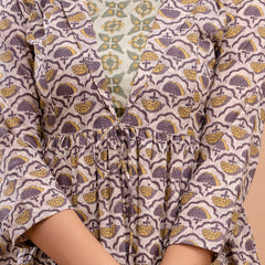 Floral Printed Shirt Collar Pure Cotton Pleated Kurti