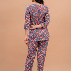 Blue Printed Cotton Night Suit with V-Neck Kurti & Ankle-Length Pants