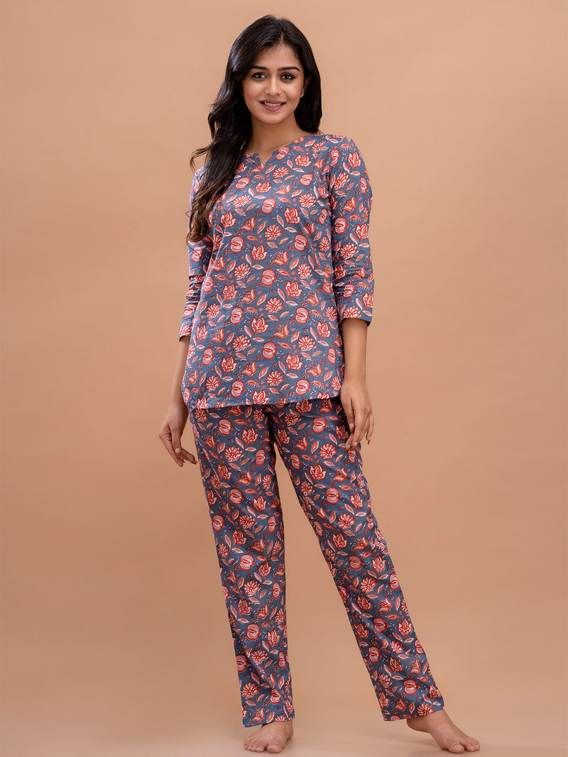 Blue Printed Cotton Night Suit with V-Neck Kurti & Ankle-Length Pants