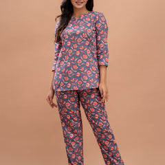 Blue Printed Cotton Night Suit with V-Neck Kurti & Ankle-Length Pants