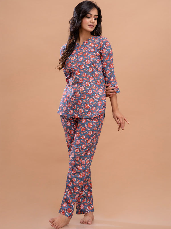 Blue Printed Cotton Night Suit with V-Neck Kurti & Ankle-Length Pants