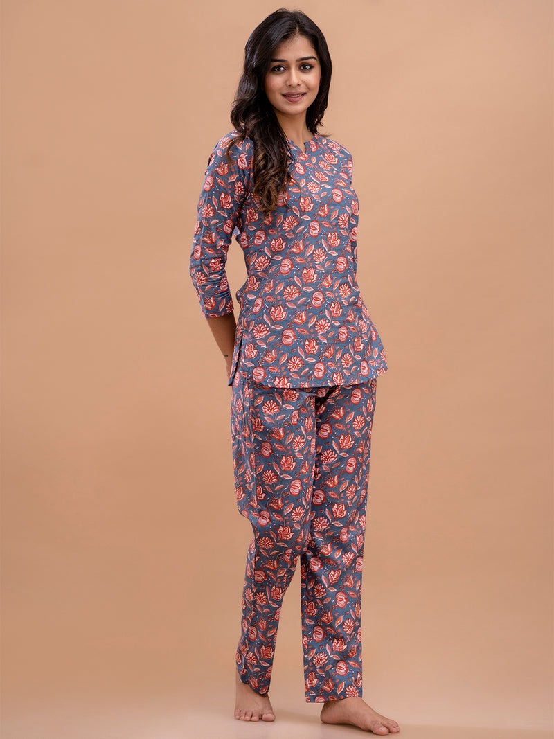 Blue Printed Cotton Night Suit with V-Neck Kurti & Ankle-Length Pants
