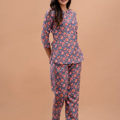 Blue Printed Cotton Night Suit with V-Neck Kurti & Ankle-Length Pants
