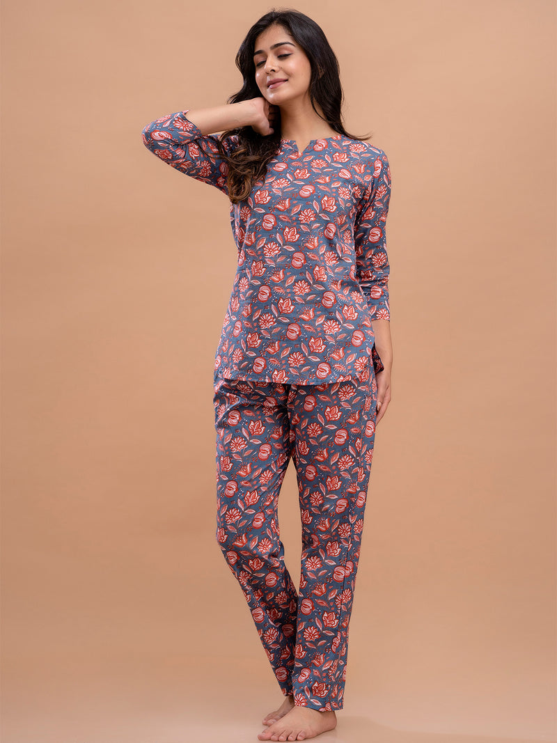 Blue Printed Cotton Night Suit with V-Neck Kurti & Ankle-Length Pants
