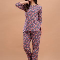 Blue Printed Cotton Night Suit with V-Neck Kurti & Ankle-Length Pants