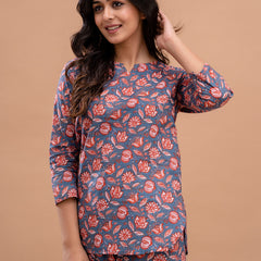 Blue Printed Cotton Night Suit with V-Neck Kurti & Ankle-Length Pants