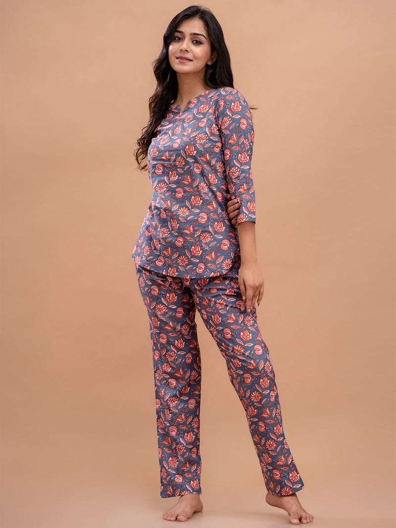 Blue Printed Cotton Night Suit with V-Neck Kurti & Ankle-Length Pants