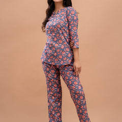 Blue Printed Cotton Night Suit with V-Neck Kurti & Ankle-Length Pants