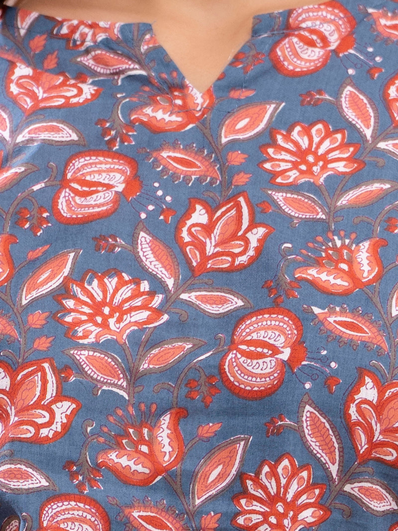 Blue Printed Cotton Night Suit with V-Neck Kurti & Ankle-Length Pants