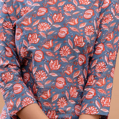 Blue Printed Cotton Night Suit with V-Neck Kurti & Ankle-Length Pants