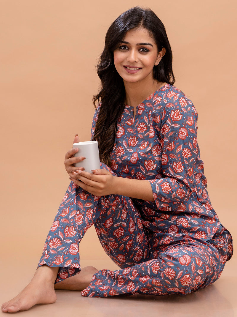 Blue Printed Cotton Night Suit with V-Neck Kurti & Ankle-Length Pants