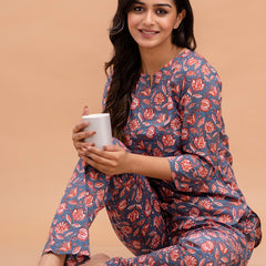 Blue Printed Cotton Night Suit with V-Neck Kurti & Ankle-Length Pants