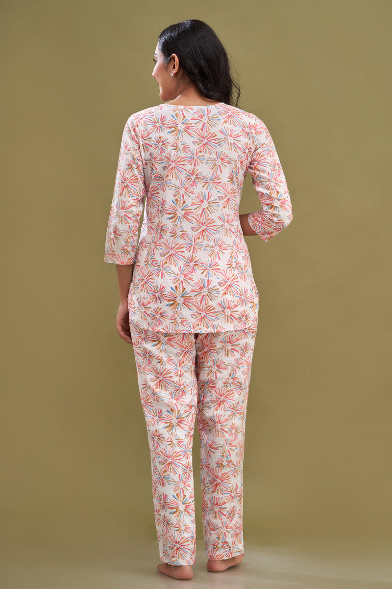 White Printed Cotton Night Suit with V-Neck Kurti & Ankle-Length Pants