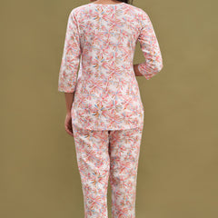 White Printed Cotton Night Suit with V-Neck Kurti & Ankle-Length Pants