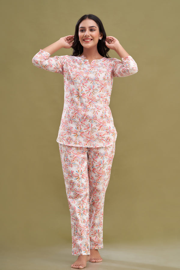 White Printed Cotton Night Suit with V-Neck Kurti & Ankle-Length Pants