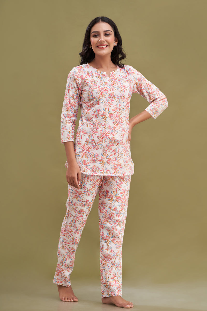 White Printed Cotton Night Suit with V-Neck Kurti & Ankle-Length Pants