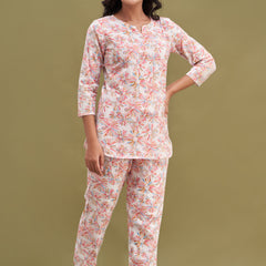 White Printed Cotton Night Suit with V-Neck Kurti & Ankle-Length Pants