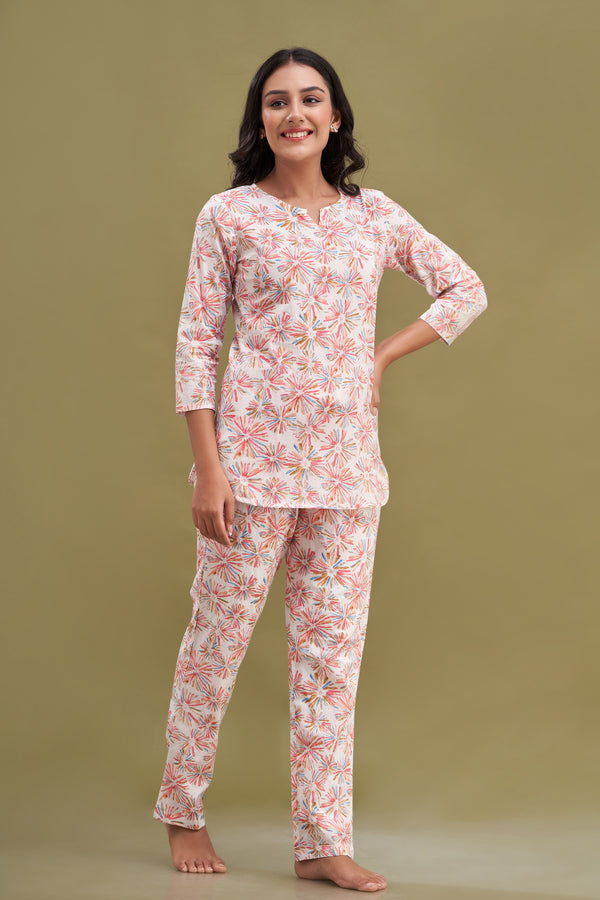 White Printed Cotton Night Suit with V-Neck Kurti & Ankle-Length Pants