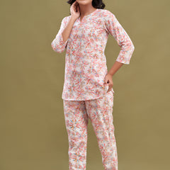 White Printed Cotton Night Suit with V-Neck Kurti & Ankle-Length Pants