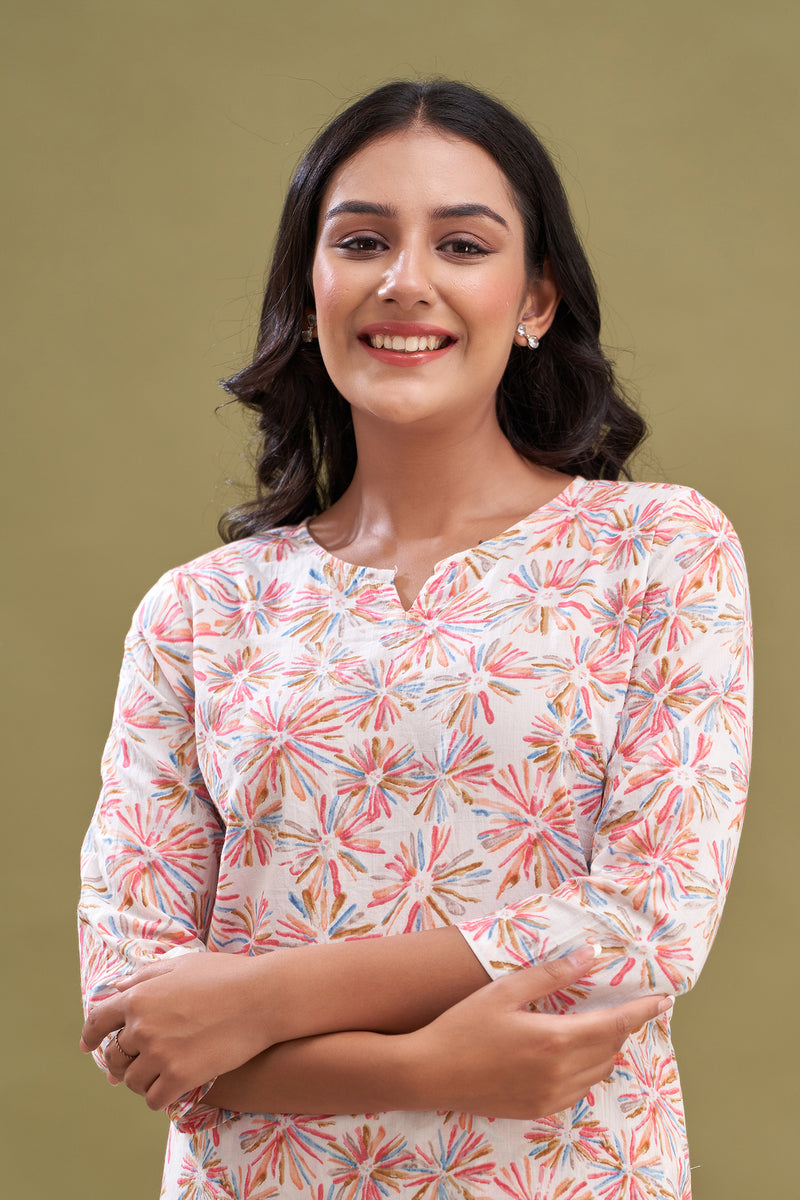 White Printed Cotton Night Suit with V-Neck Kurti & Ankle-Length Pants